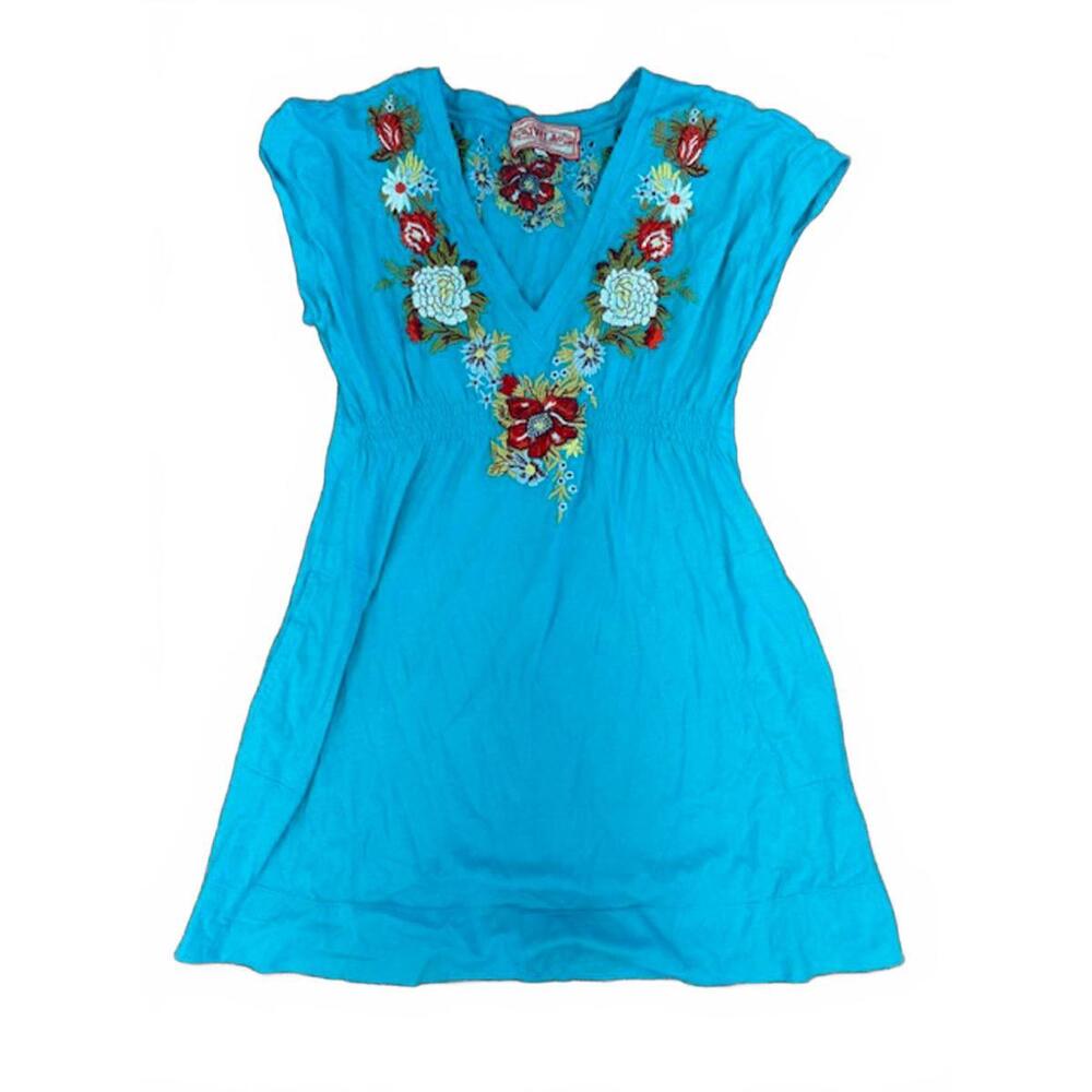 New Johnny Was V-Neck Embroidered Floral Mini Dress Turquoise Large